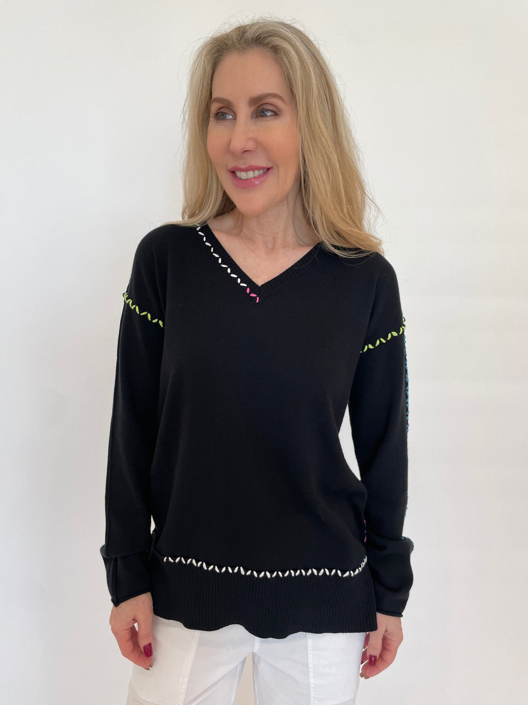 Pure Amici Mona Stitch V-Neck Sweater in Black available at Barbara Katz