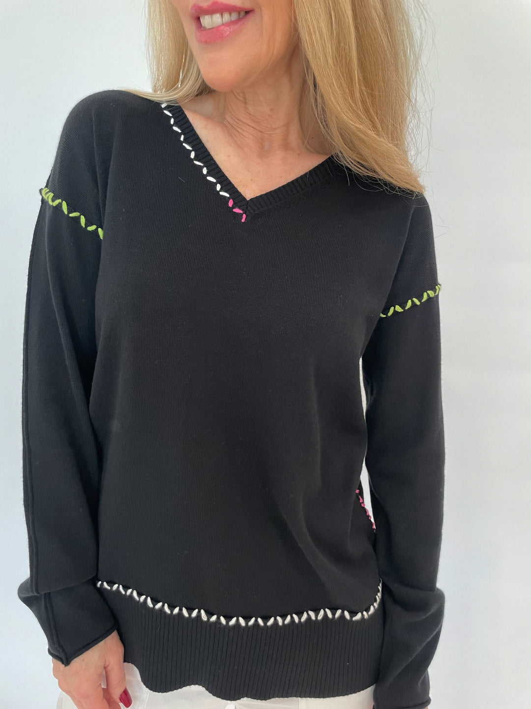 Pure Amici Mona Stitch V-Neck Sweater in Black available at Barbara Katz