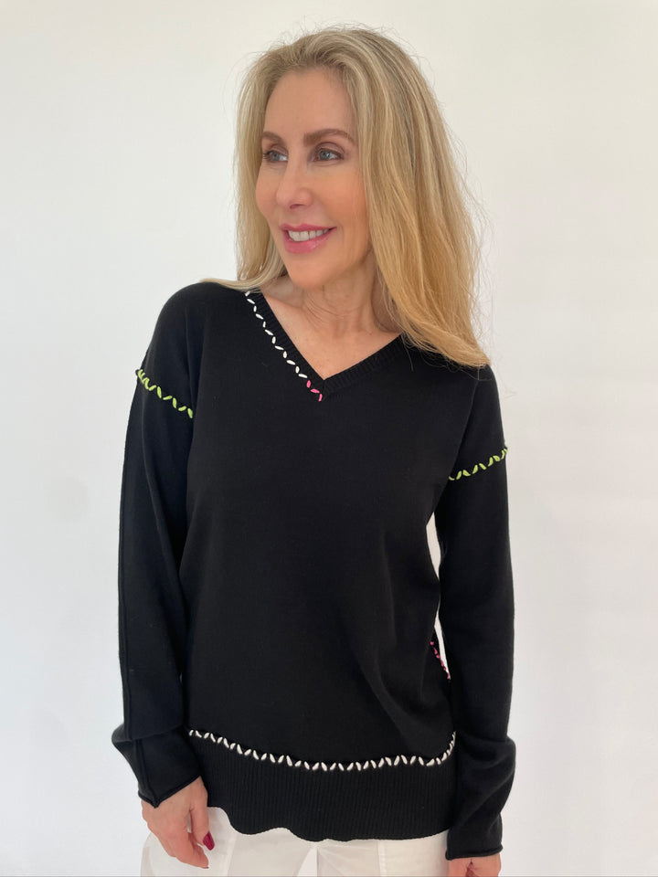 Pure Amici Mona Stitch V-Neck Long Sleeve Sweater in Black available at Barbara Katz