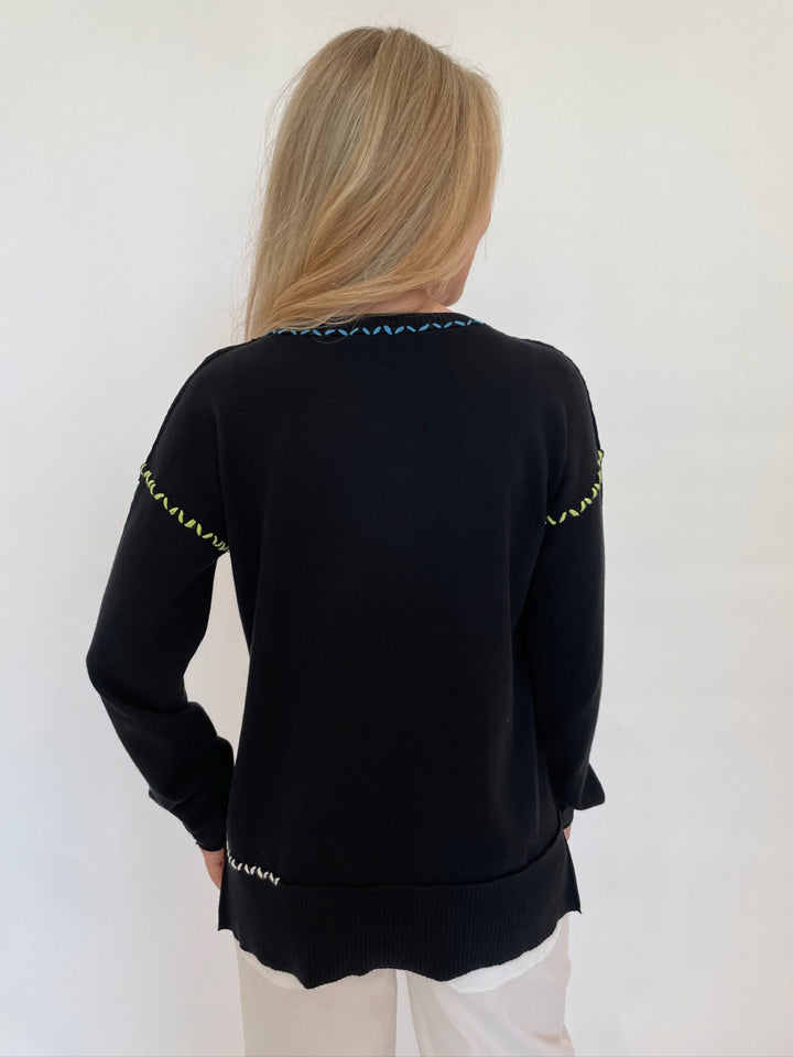 Pure Amici Mona Stitch Long Sleeve V-Neck Sweater in Black available at Barbara Katz