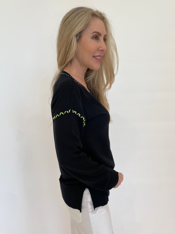 Pure Amici Mona Stitch Long Sleeve V-Neck Sweater in Black available at Barbara Katz