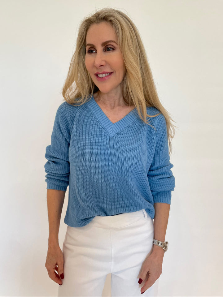 Pure Amici Myrna V-Neck Shaker Sweater in Sapphire available at Barbara Katz