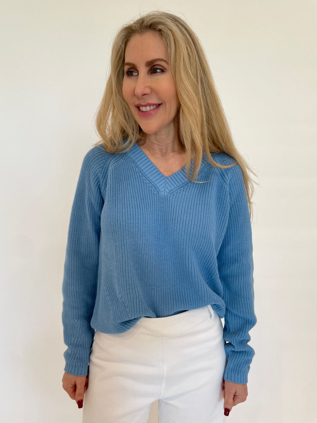 Pure Amici Myrna V-Neck Shaker Sweater in Sapphire available at Barbara Katz