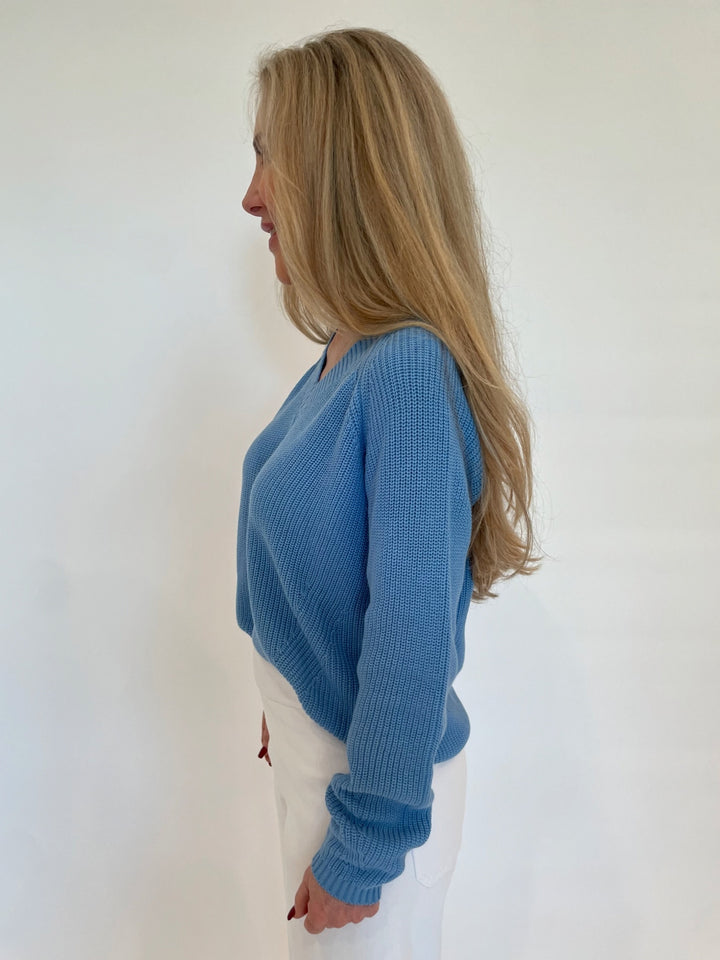 Pure Amici Myrna V-Neck Long Sleeve Shaker Sweater in Sapphire available at Barbara Katz