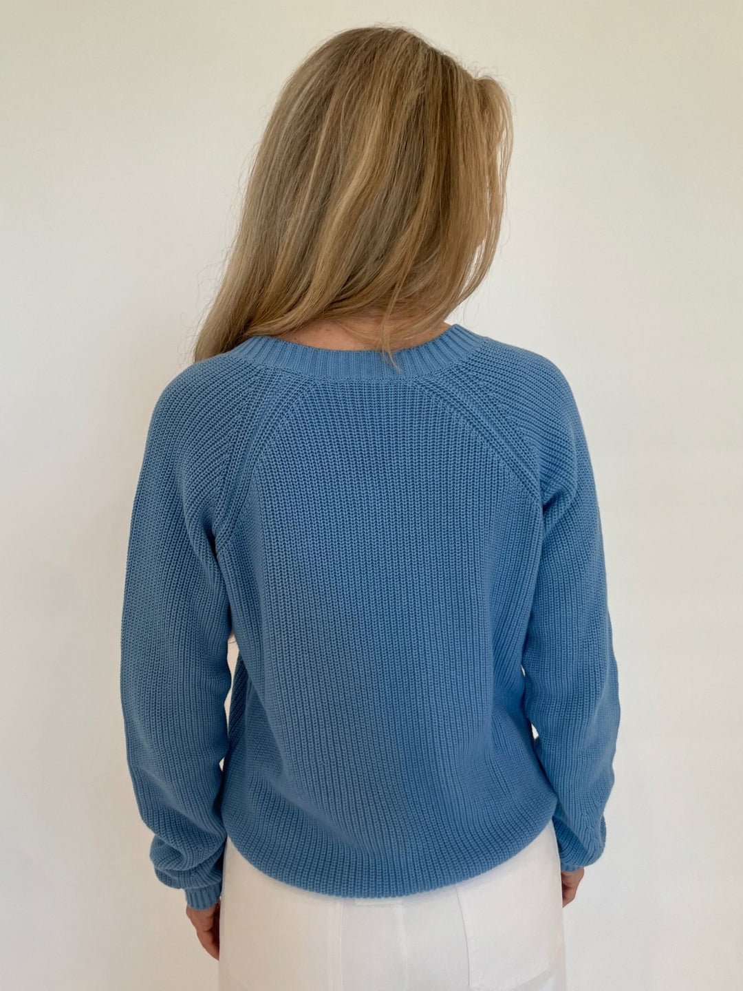 Pure Amici Myrna V-Neck Shaker Knit Sweater in Sapphire available at Barbara Katz