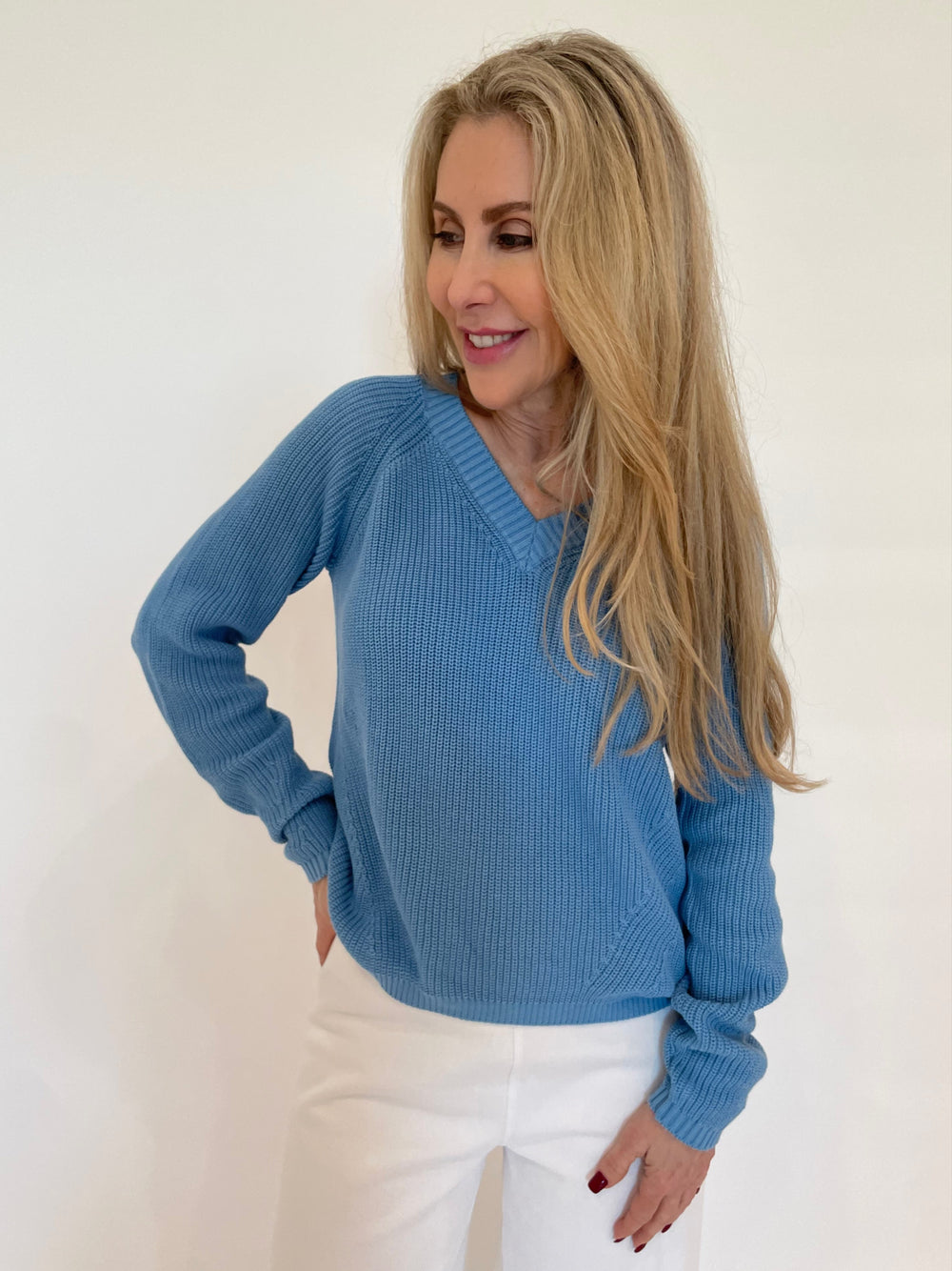 Pure Amici Myrna V-Neck Shaker Sweater in Sapphire available at Barbara Katz