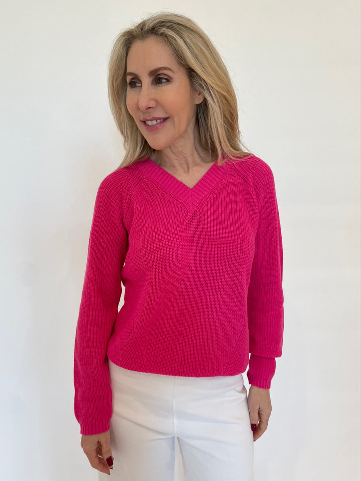 Pure Amici Myrna V-Neck Shaker Sweater in Magenta available at Barbara Katz