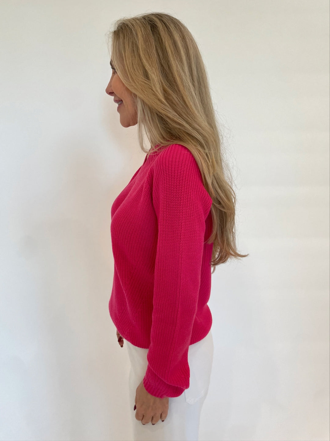 Pure Amici Myrna V-Neck Shaker Long Sleeve Sweater in Magenta available at Barbara Katz