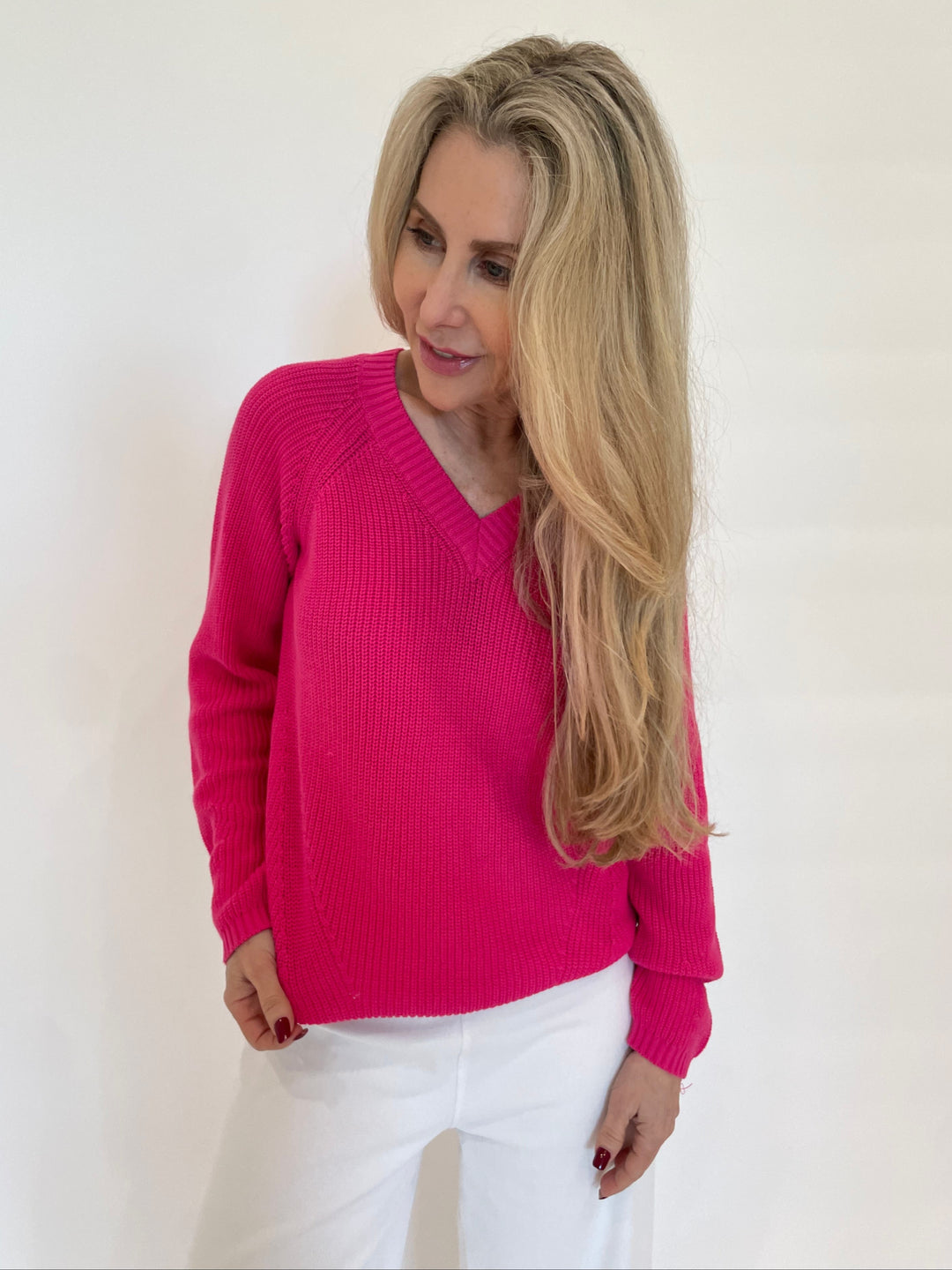 Pure Amici Myrna V-Neck Shaker Knit Long Sleeve Sweater in Magenta available at Barbara Katz