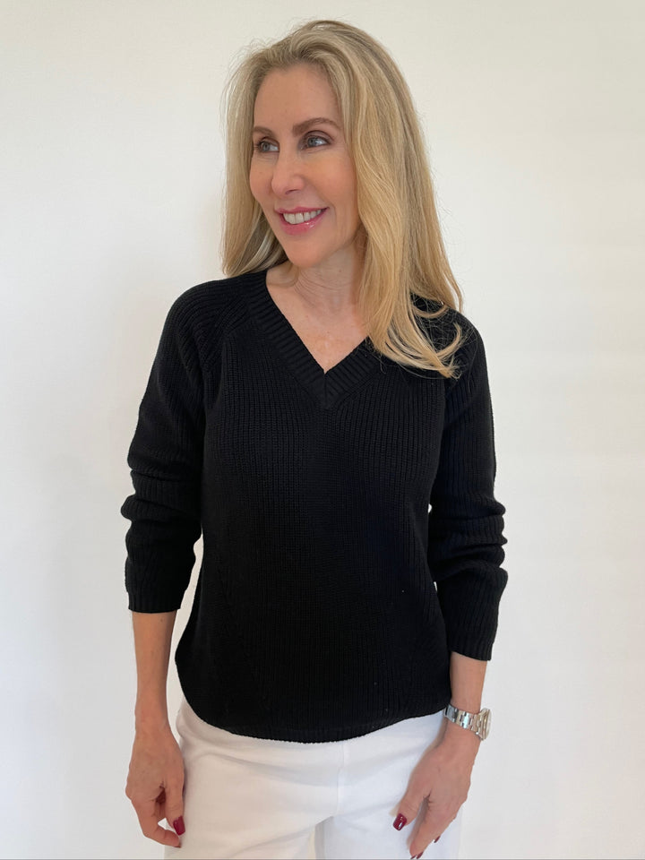 Pure Amici Myrna V-Neck Shaker Sweater in Black available at Barbara Katz