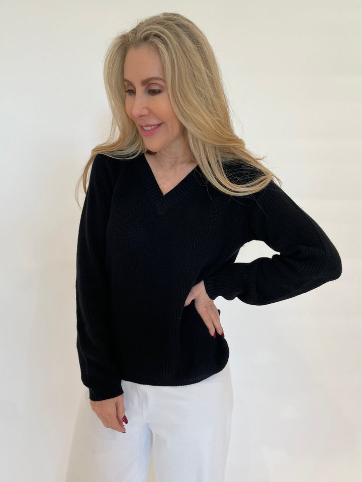 Pure Amici Myrna V-Neck Shaker Knit Sweater in Black available at Barbara Katz