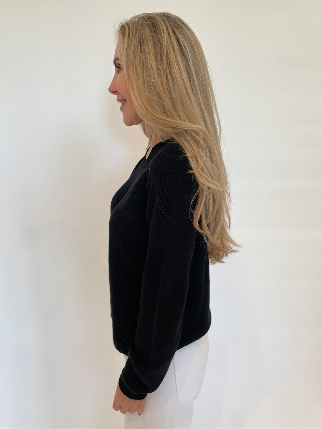 Pure Amici Myrna V-Neck Shaker Knit Long Sleeve Sweater in Black available at Barbara Katz