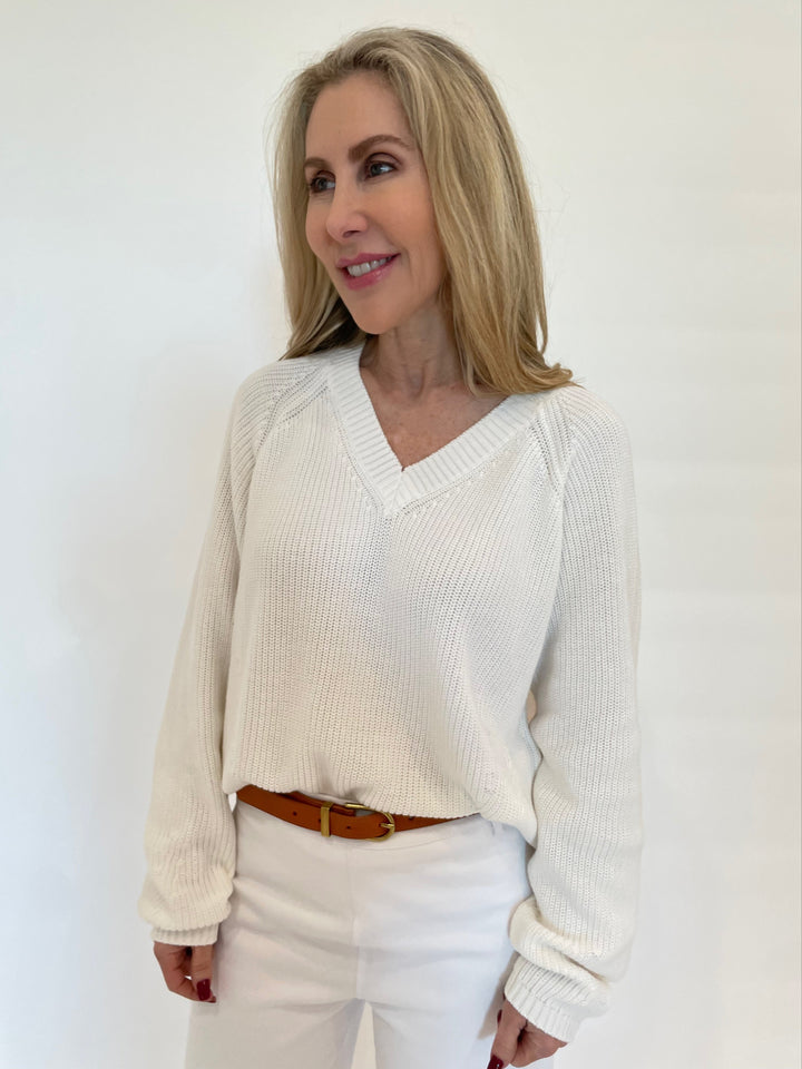 Pure Amici Myrna V-Neck Shaker Sweater in White available at Barbara Katz