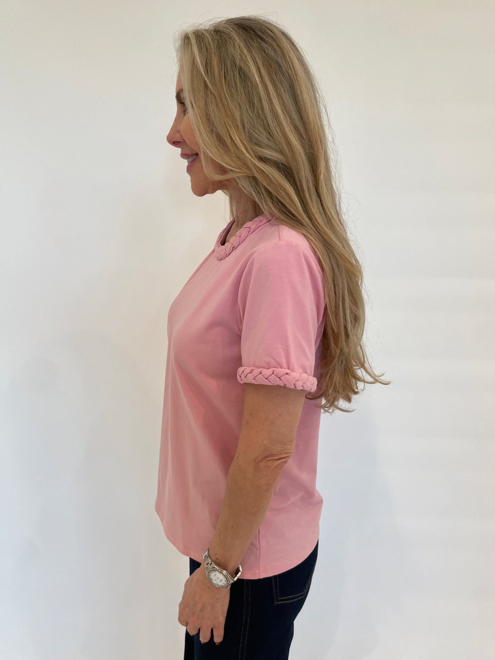 Cinq a Sept Braided Short Sleeve Tee in Venus Pink available at Barbara Katz