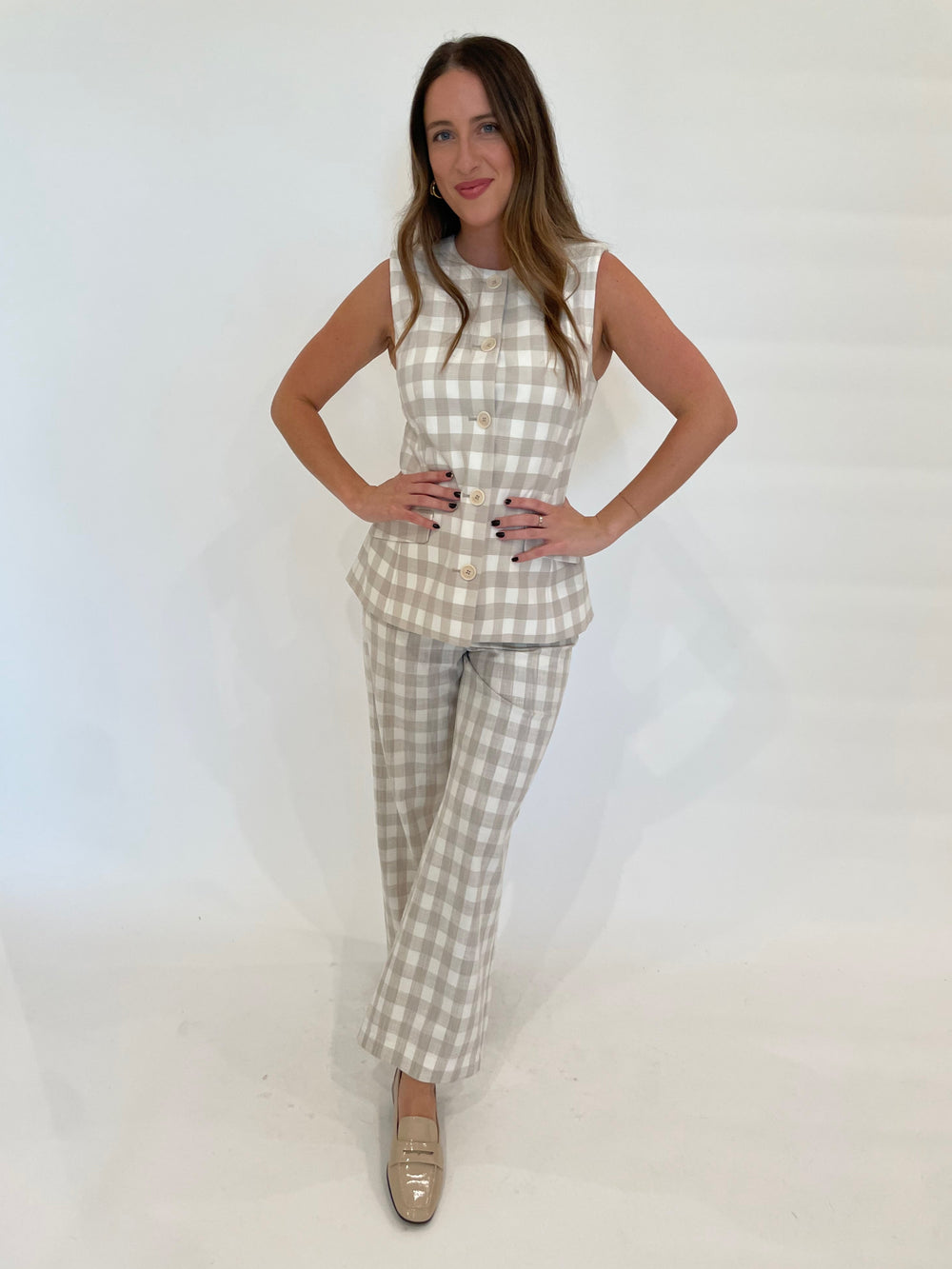 Simkhai Calliope Vest in Sand Gingham paired with matching Kennedy Cropped Pants available at Barbara Katz