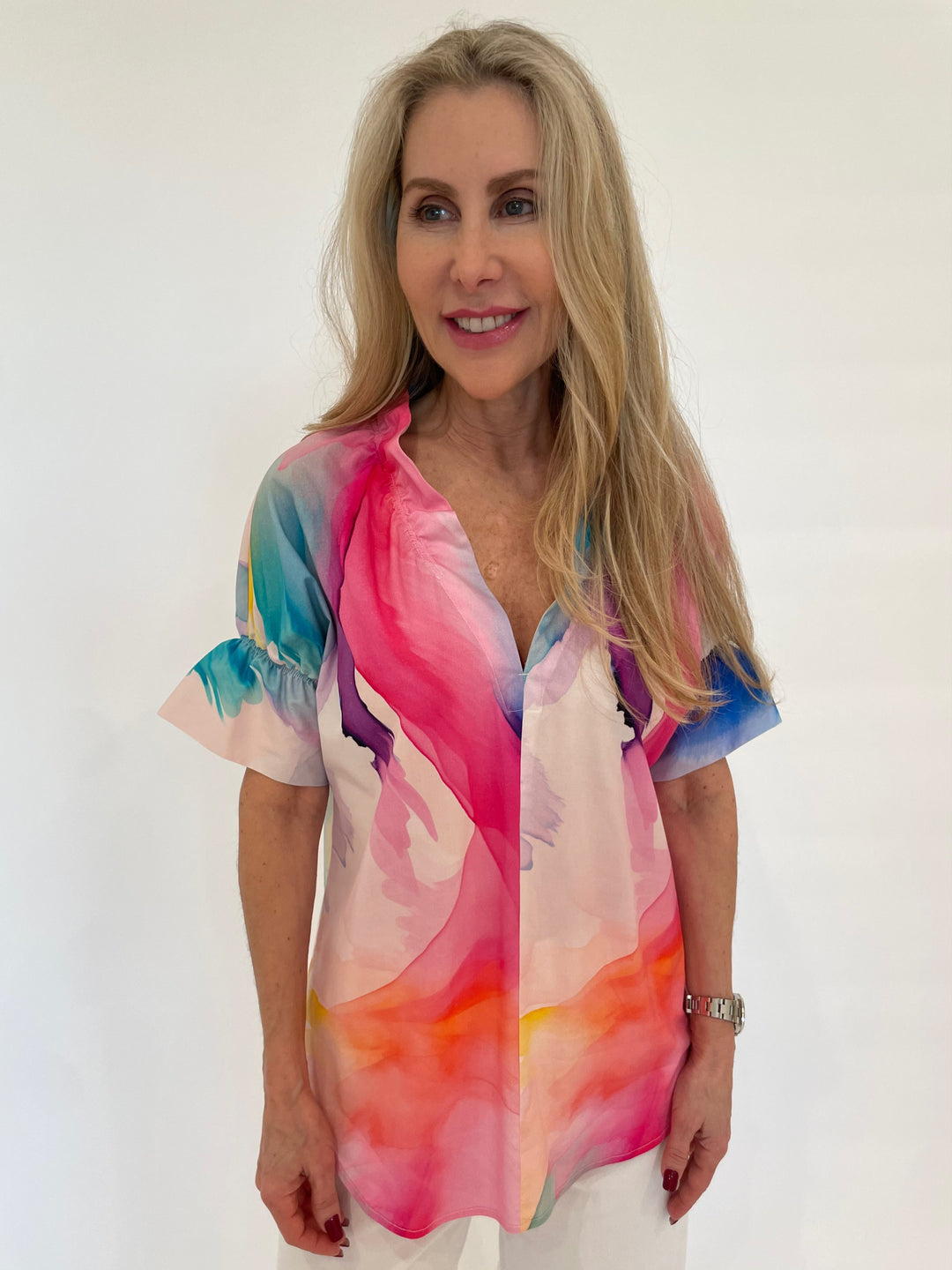 Finley Brigitte Abstract Crosby Top in White/Pink available at Barbara Katz