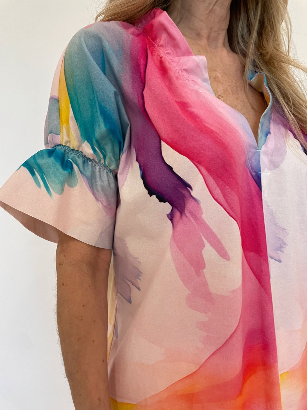 Finley Brigitte Abstract V-Neck Crosby Top in White/Pink available at Barbara Katz