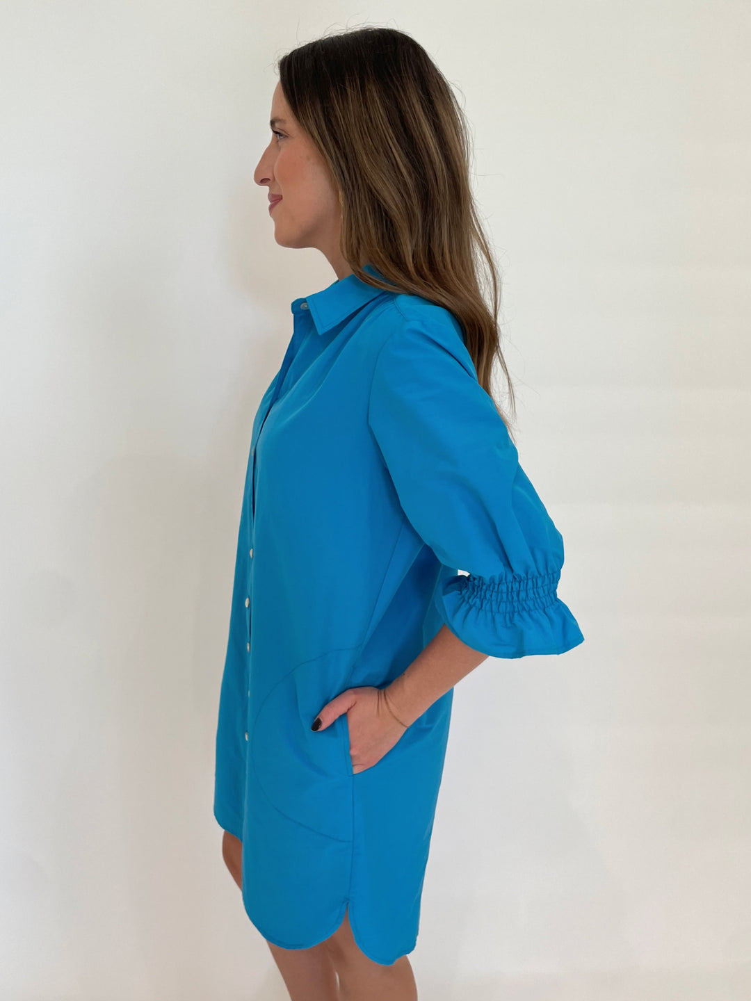 Finley Miller Techy Taffetta 3/4 Sleeve Dress in Bright Turquoise available at Barbara Katz