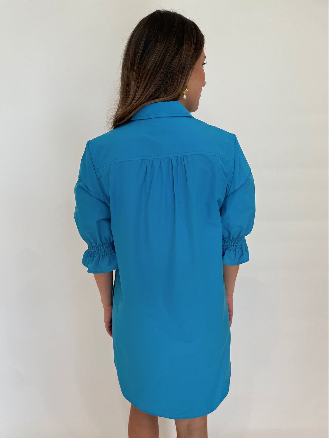 Finley Miller Techy Taffetta Shirt Dress in Bright Turquoise available at Barbara Katz