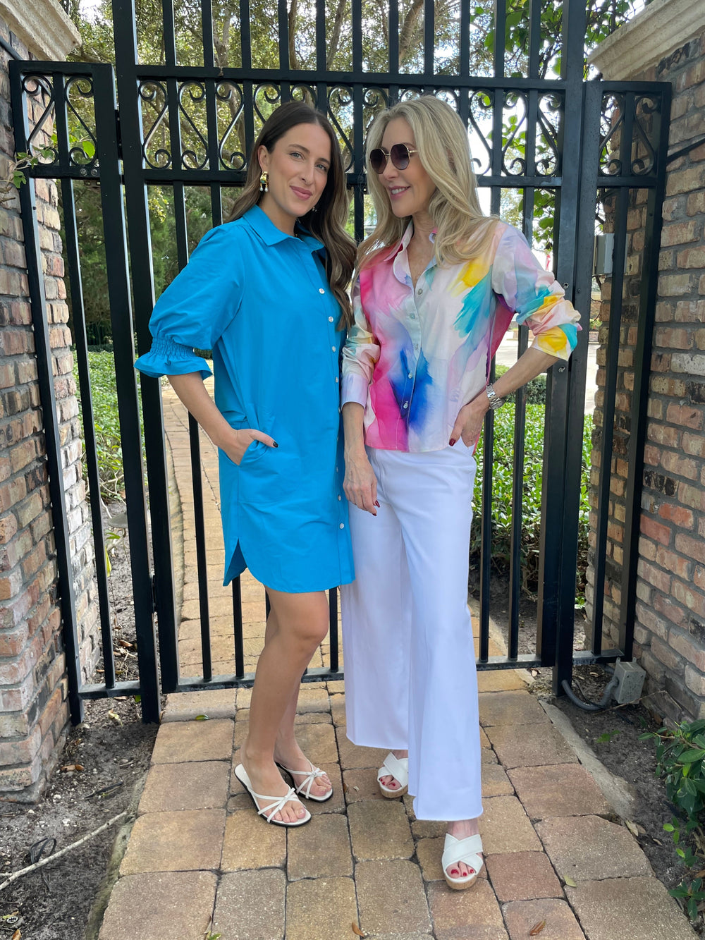 Finley Miller Techy Taffetta Dress in Bright Turquoise and Finley Andie Abstract Crop Shirt in White/Pink paired with Lysse Erin Hi Waist Wide Leg Denim Pants in White available at Barbara Katz