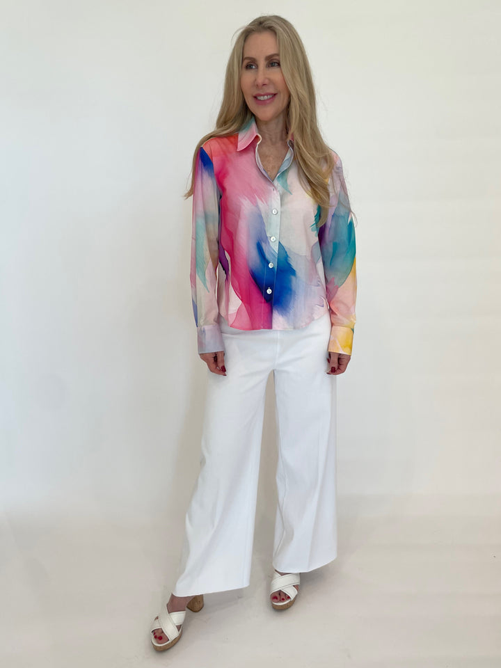 Finley Andie Abstract Crop Shirt in White/Pink paired with Lysse Erin Hi Waist Wide Leg Denim Pants in White available at Barbara Katz