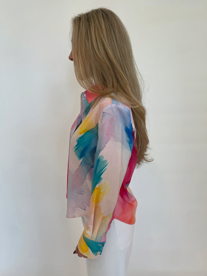 Finley Andie Abstract Crop Long Sleeve Shirt in White/Pink available at Barbara Katz