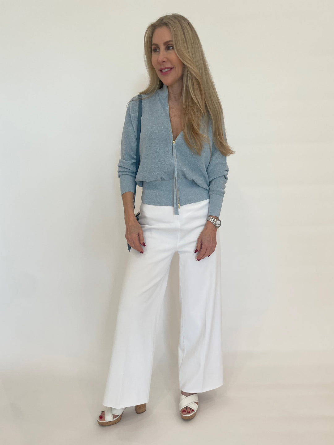 Marella Glamour Porto2 Cardigan in Ice paired with Lysse Erin Hi Waist Wide Leg Denim Pants in White available at Barbara Katz