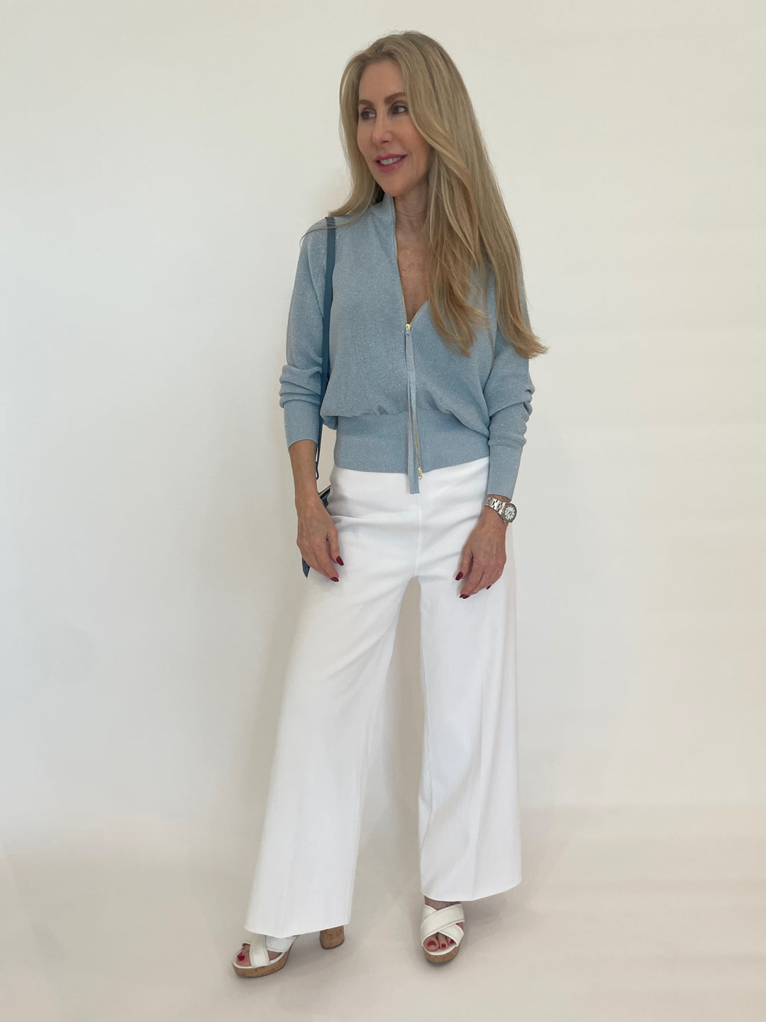 Marella Glamour Porto2 Cardigan in Ice paired with Lysse Erin Hi Waist Wide Leg Denim Pants in White available at Barbara Katz