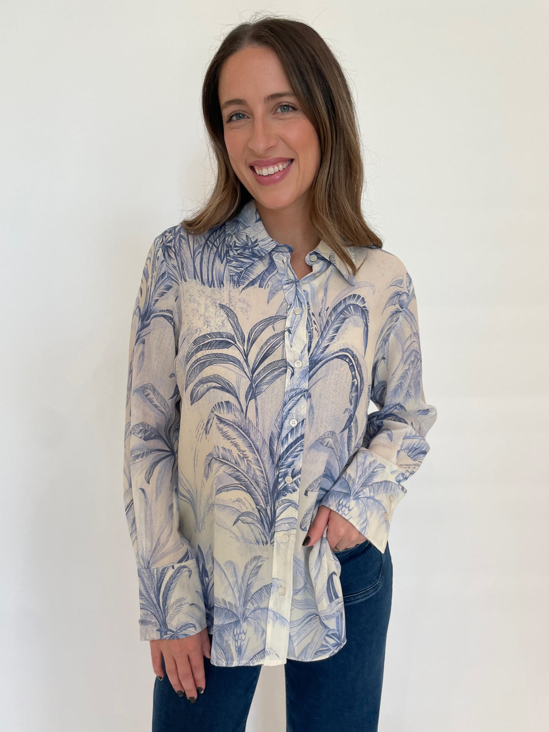 Marella Conio Crepe Blouse in Dust Blue available at Barbara Katz