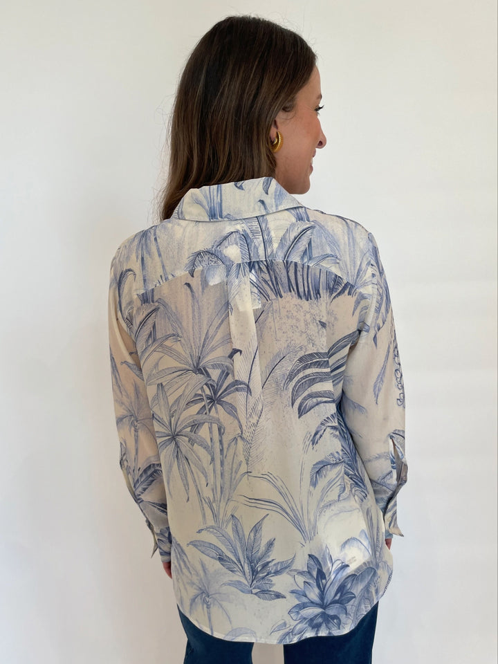 Marella Conio Crepe Shirt in Dust Blue Palm available at Barbara Katz