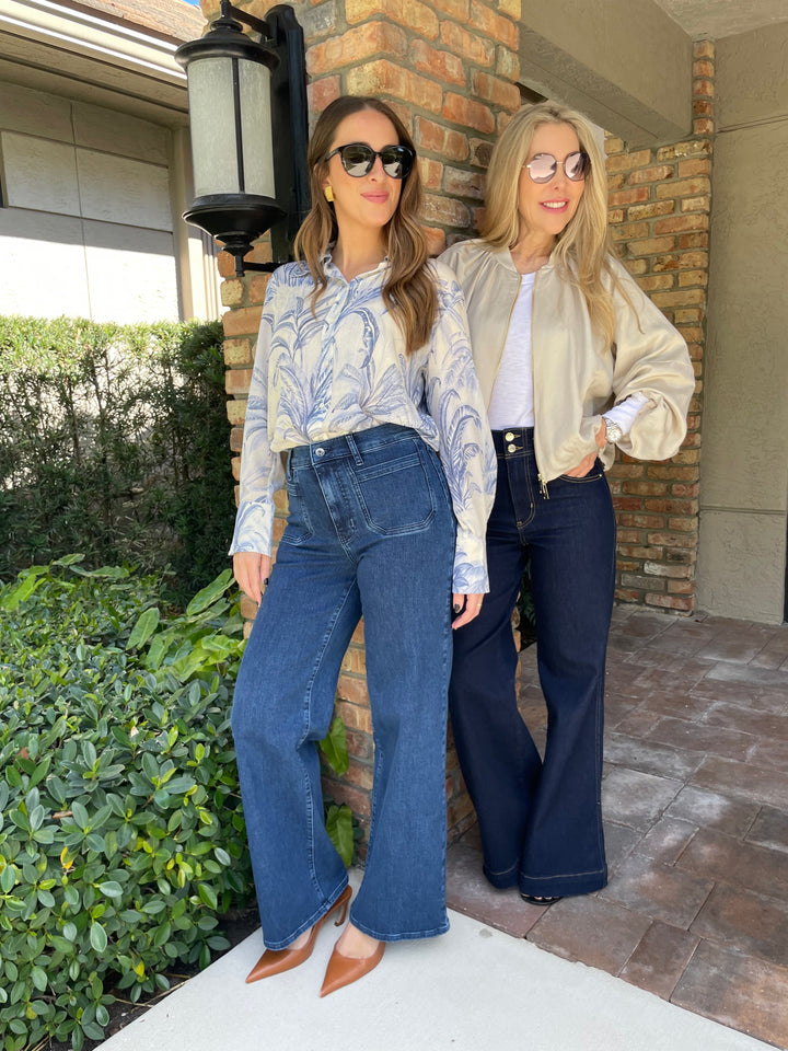 Marella Conio Crepe Shirt in Dust Blue paired with Frame Le Slim Palazzo Modernist Pocket Jeans in Loner, and Marella Gilda Viscose Linen Bomber Jacket in Sand paired with Frame The Seamed Wide Trouser in Rinse available at Barbara Katz