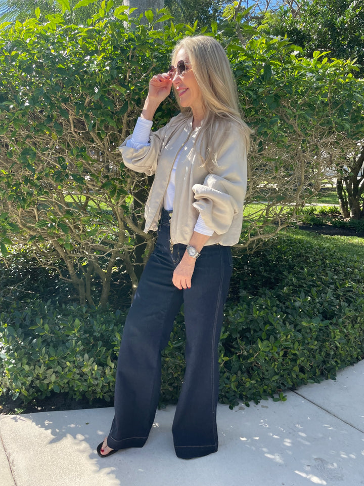 Nation Ltd Loren Smocked Peasant Tee in White layered with Marella Gilda Viscose Linen Bomber Jacket in Sand, paired with Frame The Seamed Wide Trouser in Rinse available at Barbara Katz