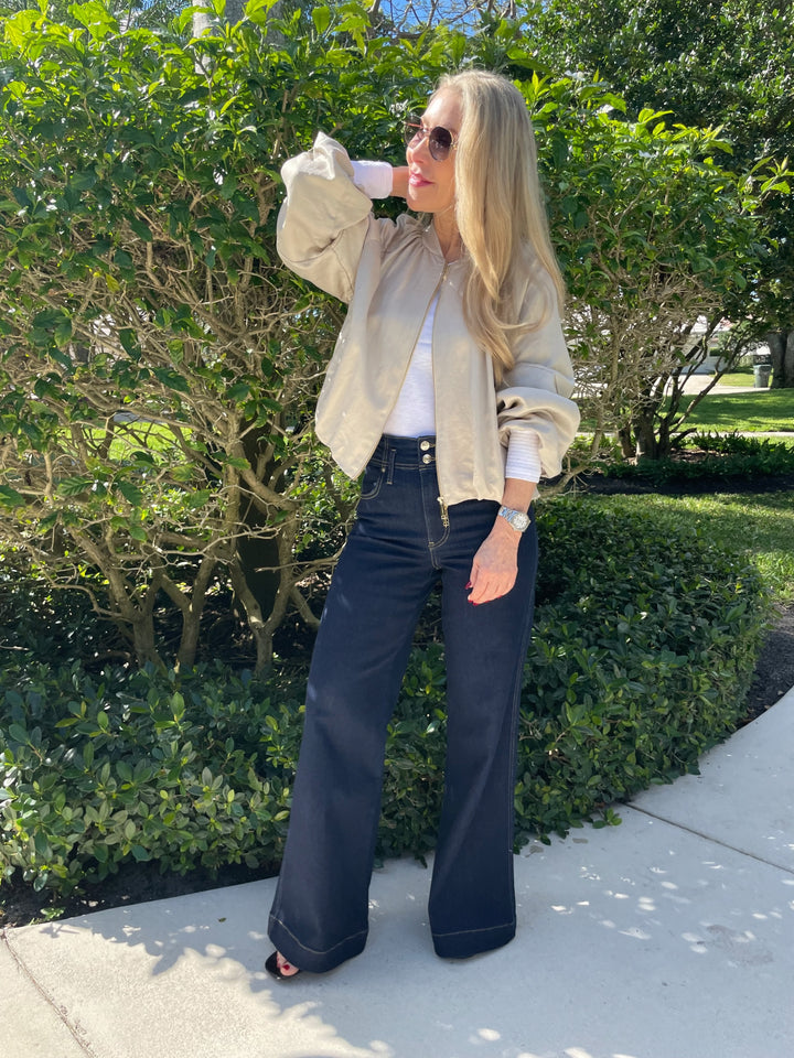 Marella Gilda Viscose Linen Bomber Jacket in Sand with Nation Ltd Loren Smocked Peasant Tee in White underneath, paired with Frame The Seamed Wide Trouser in Rinse available at Barbara Katz