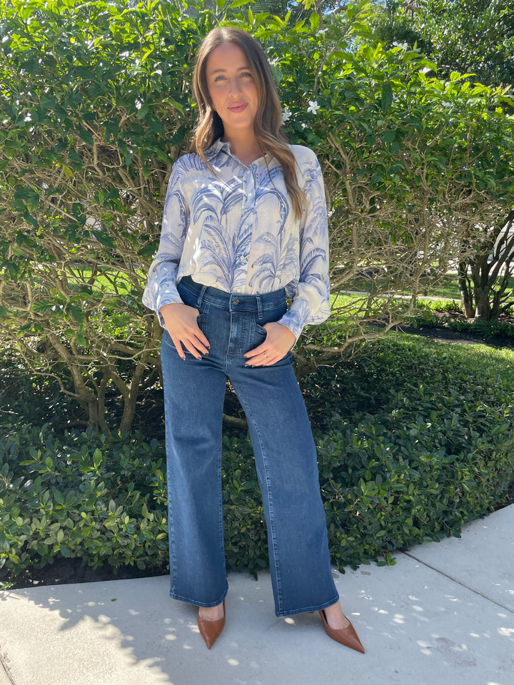 Marella Conio Crepe Shirt in Dust Blue paired with Frame Le Slim Palazzo Modernist Pocket Jeans in Loner available at Barbara Katz