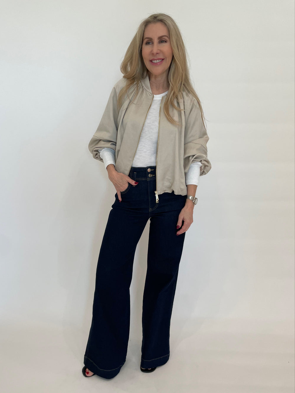 Marella Gilda Viscose Linen Bomber Jacket in Sand with Nation Ltd Loren Smocked Peasant Tee in White underneath, paired with Frame The Seamed Wide Trouser in Rinse available at Barbara Katz