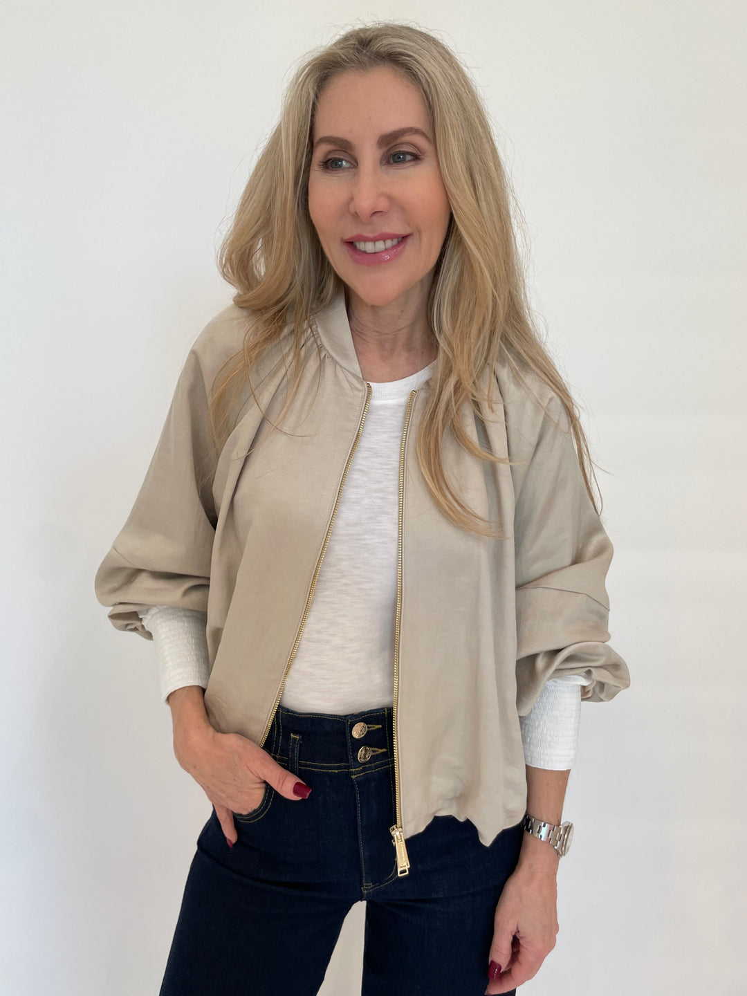 Marella Gilda Viscose Linen Bomber Jacket in Sand with Nation Ltd Loren Smocked Peasant Tee in White underneath available at Barbara Katz