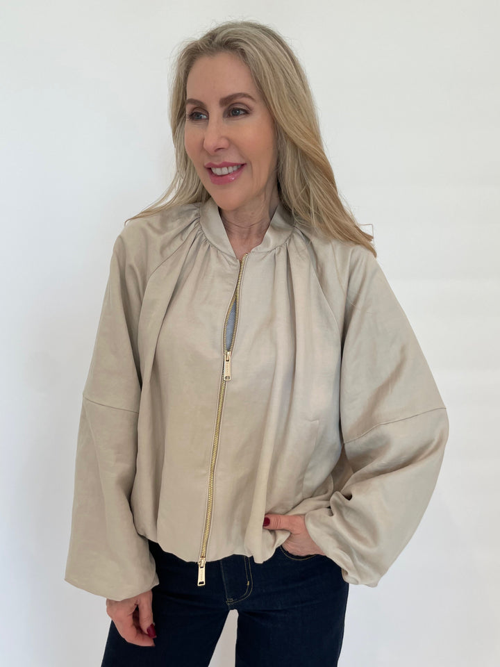 Marella Gilda Viscose Linen Bomber Jacket in Sand available at Barbara Katz