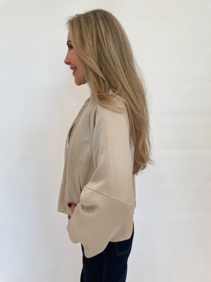 Marella Gilda Viscose Linen Bomber Jacket in Sand available at Barbara Katz