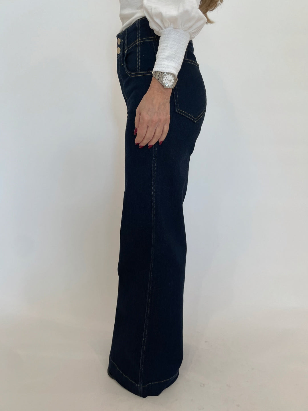 Frame The Seamed Wide Denim Trouser in Rinse available at Barbara Katz