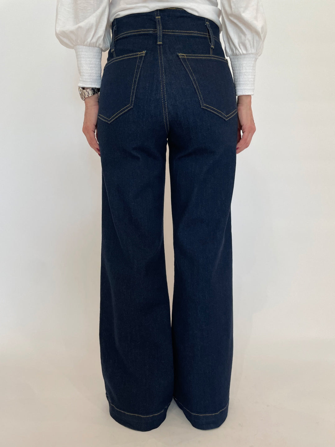  Frame The Seamed Wide Trouser in Rinse available at Barbara Katz