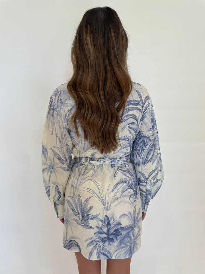 Marella Idioma Lino Stamp Mini Dress in Dust Blue Palm available at Barbara Katz