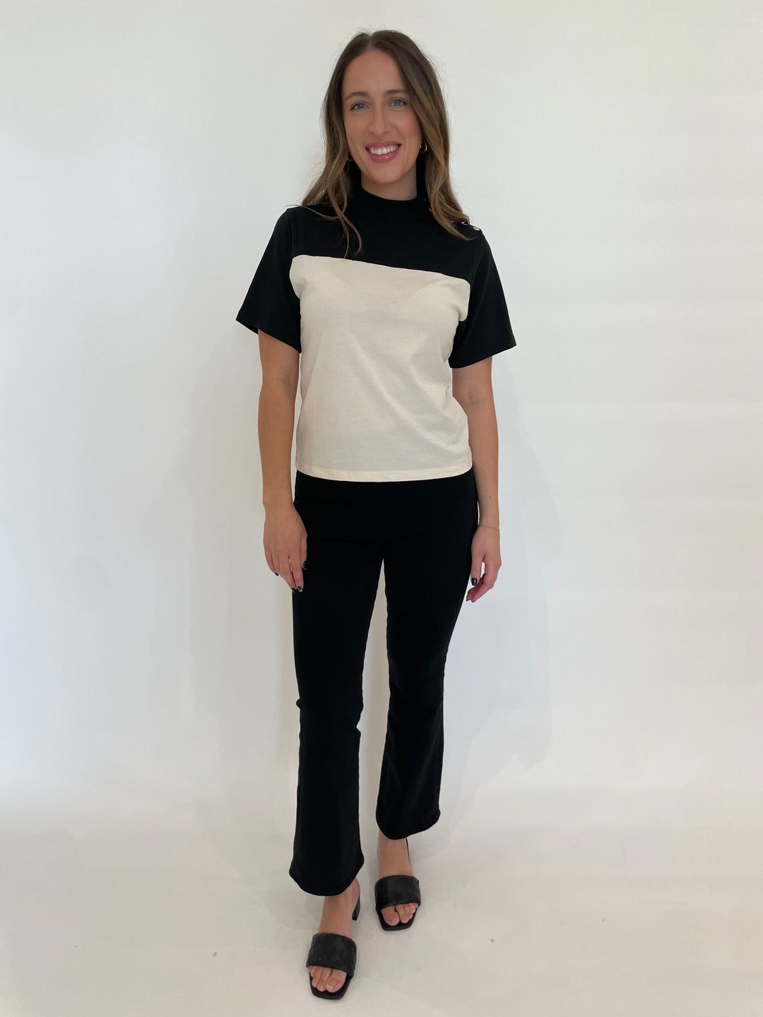 Nation Ltd Yvette T-Shirt in Jet Black paired with Frame Jetset Crop Mini Boot Jeans in Sheen Noir available at Barbara Katz