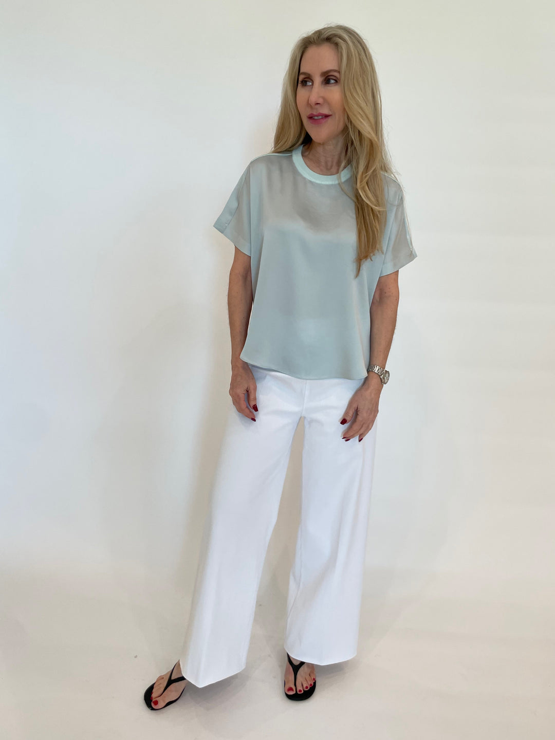 Simkhai Addy Short Sleeve Knit Back T- Shirt in Powder Blue paired with Lysse Erin Wide Leg Jeans in White available at Barbara Katz