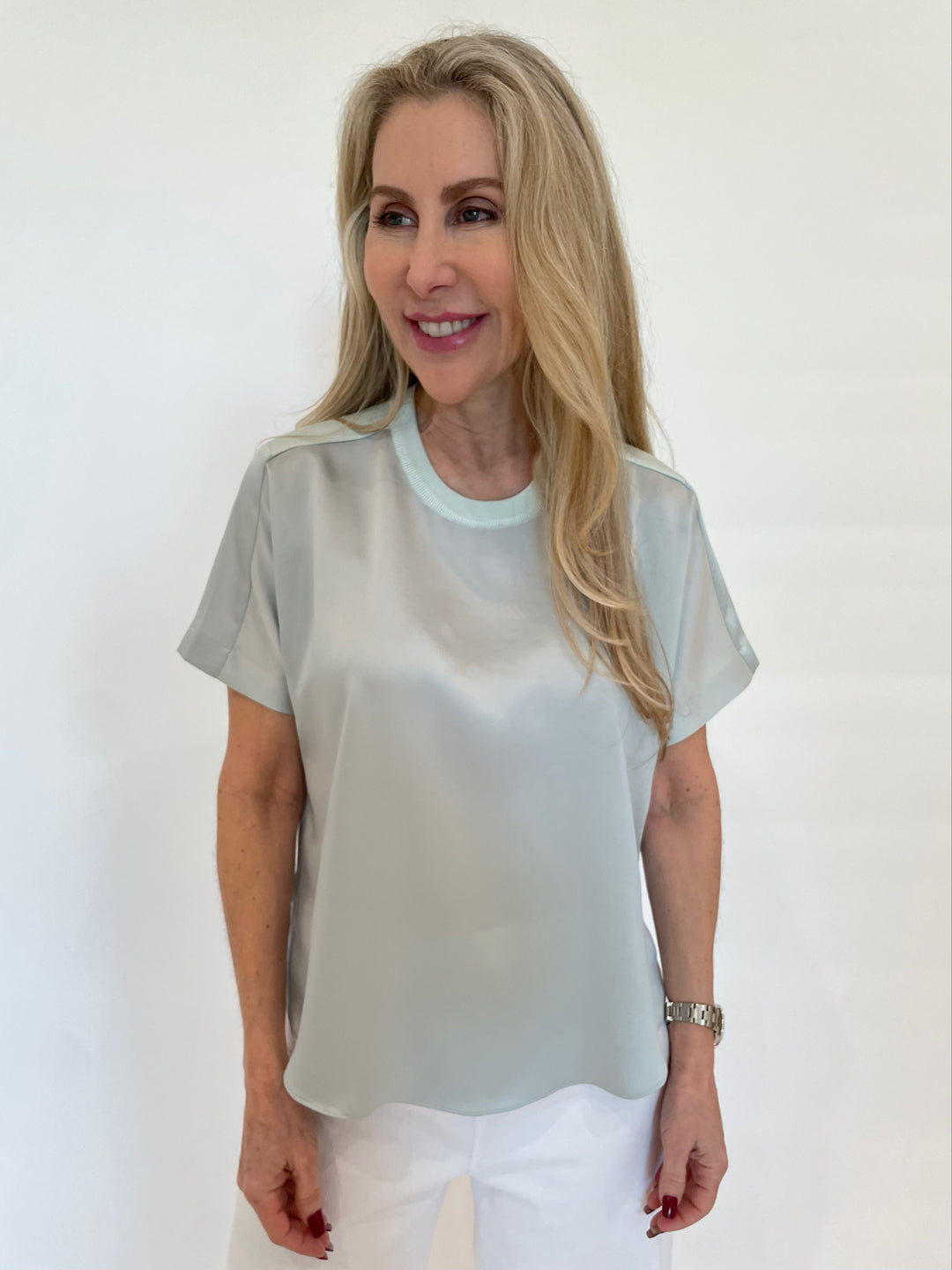 Simkhai Addy Short Sleeve Knit Back T- Shirt in Powder Blue available at Barbara Katz 