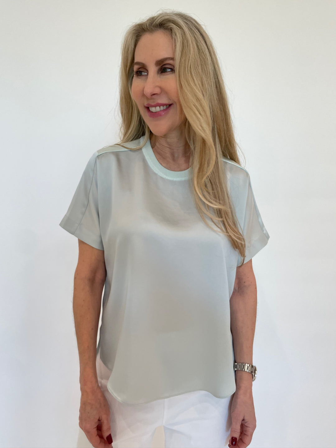 Simkhai Addy Short Sleeve Knit Back Crew T- Shirt in Powder Blue available at Barbara Katz