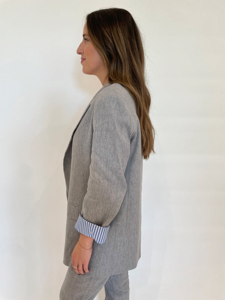 Marella Impeto 3/4 Sleeve Linen Stretch Blazer in Grey available at Barbara Katz