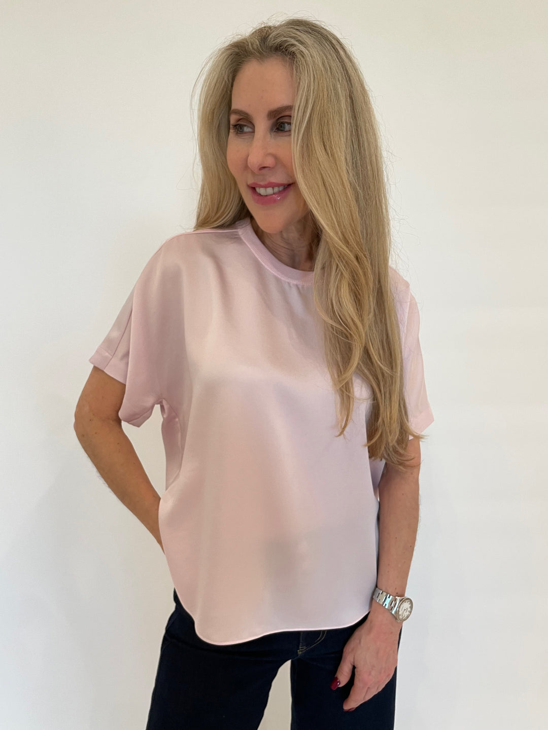 Simkhai Addy Short Sleeve Knit Back T- Shirt in Ballet Pink available at Barbara Katz