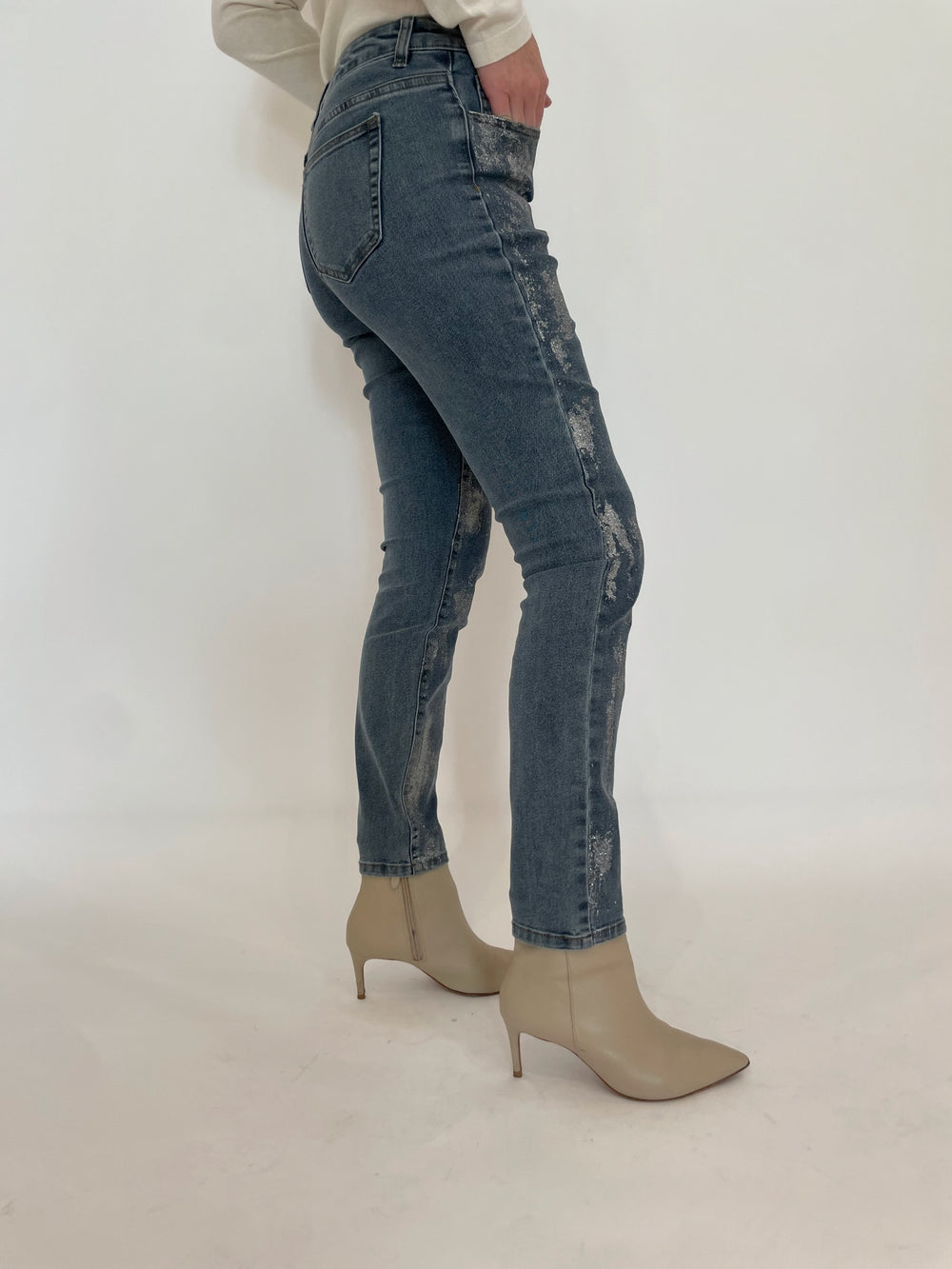 BK Doris Silver Coated Spots Skinny Jeans in Denim available at Barbara Katz