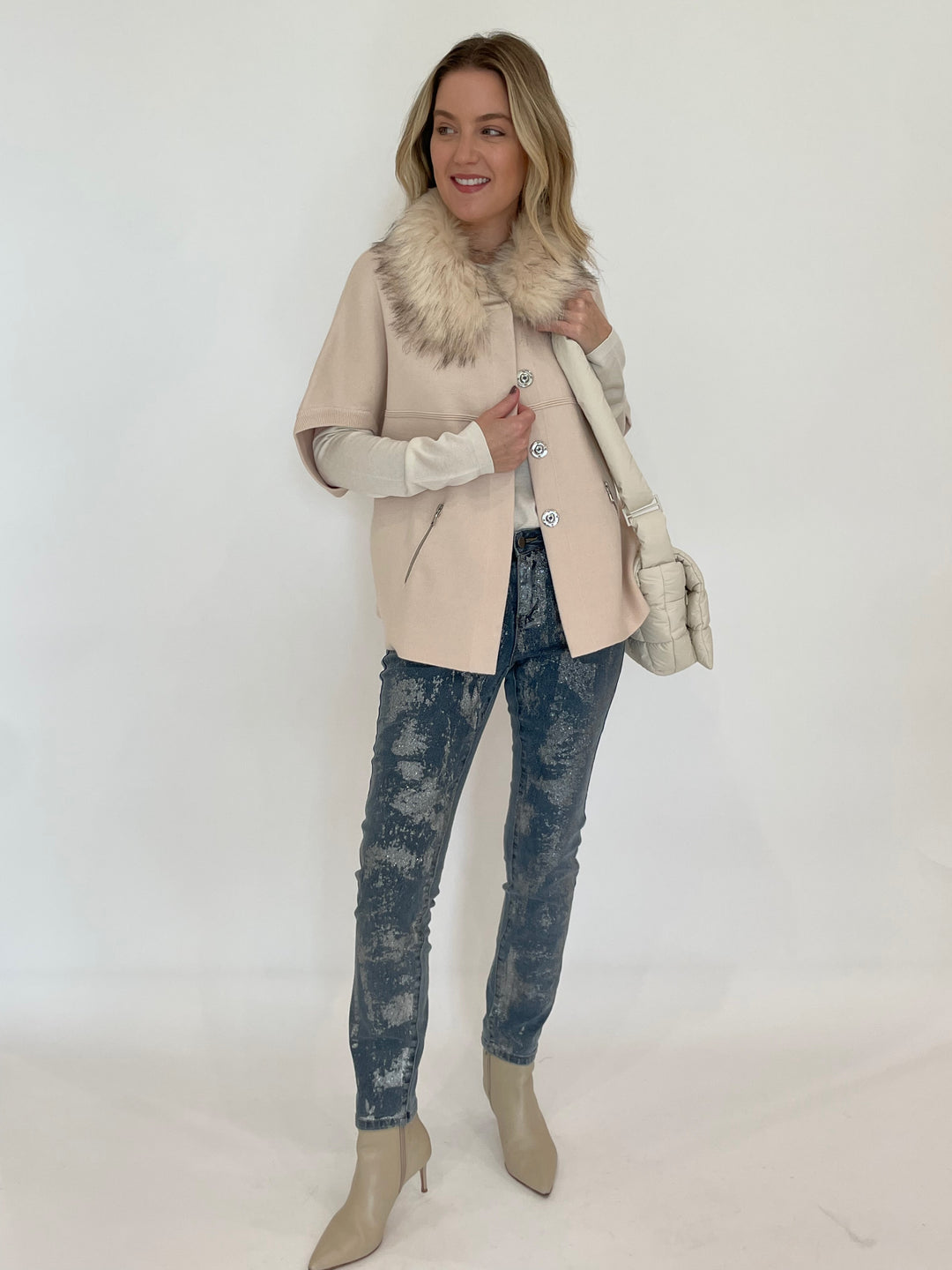 BK Carly Cocoon Jacket in Cream/Dark Cream paired with BK Doris Silver Coated Spots Denim Jeans, Vee Collective Porter Messenger Bag in Birch available at Barbara Katz