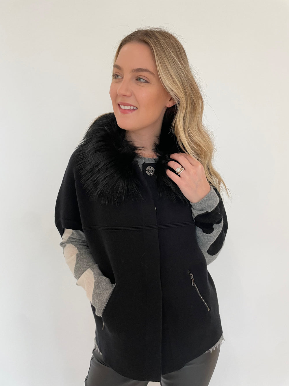 BK Carly Cocoon Jacket With Faux Fur Collar  in Black available at Barbara Katz